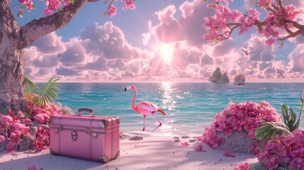 Pink Paradise An animated tropical scene bursts with pink hues - a stylish suitcase rests by a sparkling ocean, a pink flamingo basks in the sun, a perfect escape to paradise
