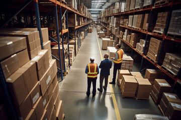 high angle view of a warehouse manager walking with foremen checking stock on shelves