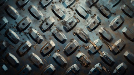 Close-up of a textured metal surface with raised patterns and weathered details, showcasing an industrial design and rugged appearance.