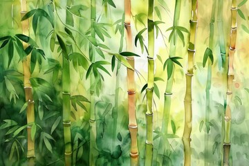 Sunlight illuminating a watercolor painting of a bamboo forest