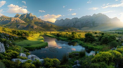 A panoramic view of a lush green valley.
