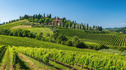 domaine viticole sur une colline vallonnée avec vignes et cyprès 