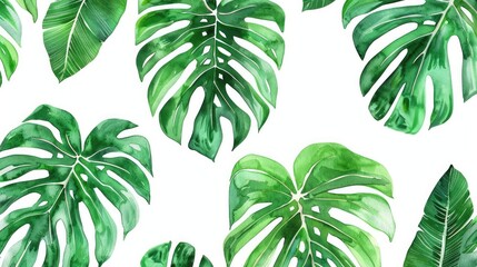 Tropical Monstera Leaves Seamless Pattern on White Background Watercolor Design for Textile and Wallpaper