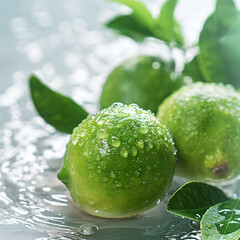 Fresh green limes background with water droplets and lush green leaves