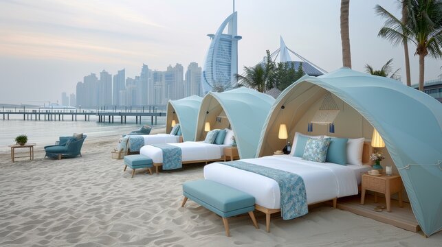 Luxury geodesic dome tents in desert camp under starry twilight sky, creating dreamy ambiance