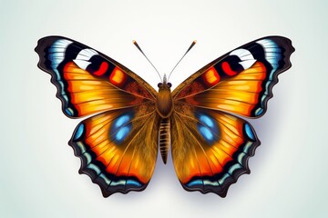 Fototapeta premium Close up of vibrant peacock butterfly with spread wings on plain white background, detailed view