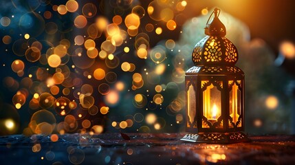 Islamic lanterns on festive blurred backdrop. Moroccan lanterns at night. Glittering party garlands. Ramadan kareem, Eid Mubarak. eid al adha.