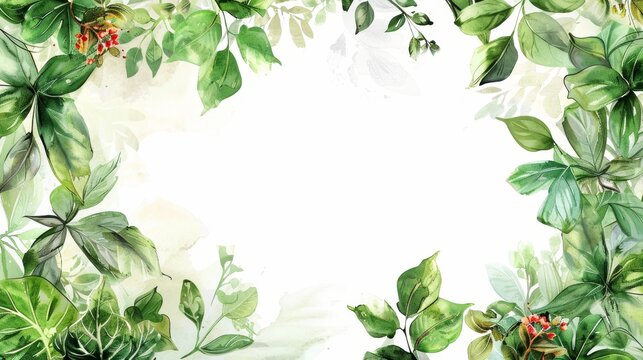 Empty white page with watercolor leafy frame border and copy space.