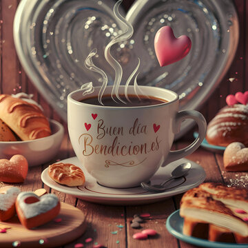 delightful morning ritual with cup labeled "buen  dias bendiciones"  on wooden table with  heart-shaped pastries. Ai generated.