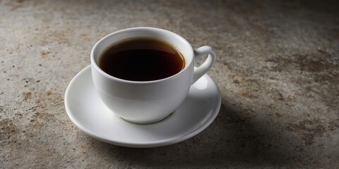 A simplistic, yet elegant image of a white coffee cup filled with freshly brewed coffee on a textured grey surface