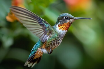 Fototapeta premium A tiny, iridescent hummingbird flits between a flower and a branch, its wings a blur