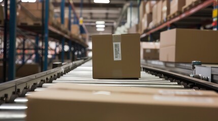 Cardboard boxes on conveyor rollers ready to be shipped by courier for distribution. Generative AI