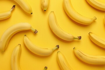 Several ripe yellow bananas laying on a bright yellow background