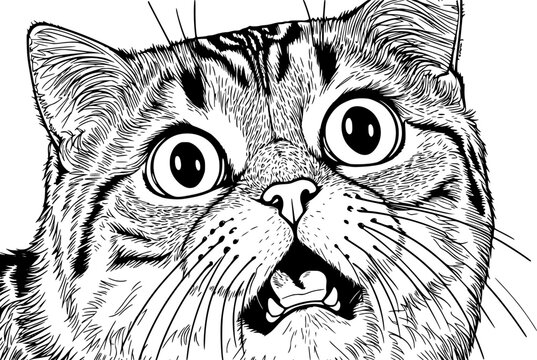 Surprised cat with bie eyes and open mouth, black and white ink style