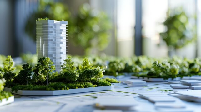 Sustainable building project 3D model close-up, blueprints, green spaces, ecoarchitecture, blend mode, urban planning backdrop