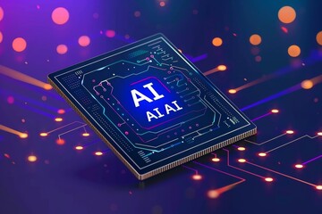 Close up of AI microchip, neon lit circuit board, futuristic artificial intelligence technology, detailed electronic components, cyberpunk style, modern computing hardware