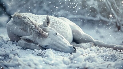 Obraz premium Snow-covered unicorn slumbering peacefully