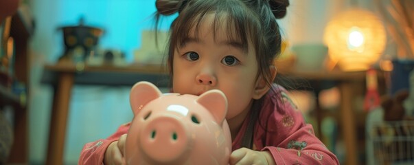 Obraz premium Smiling Asian child putting money in piggy bank for future education, financial literacy concept
