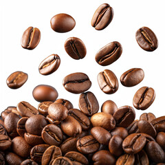 Coffee beans falling on transparent background
