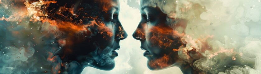 Parallel-universe doppelganger encounter in surreal setting