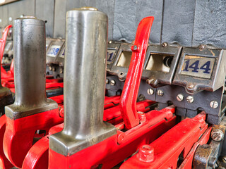 Interlocking railroad train signal switching machine up close