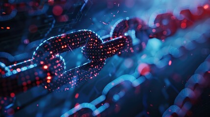 A glowing digital chain with red and blue particles, symbolizing connection and data security.