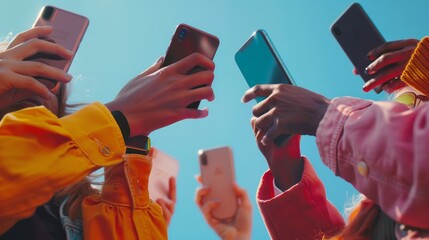 Hands clutching smartphones in a close-up, capturing the addictive grip of social media on millennials.