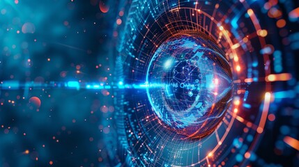 Obraz premium Futuristic digital eye, data network, cyber security tech background