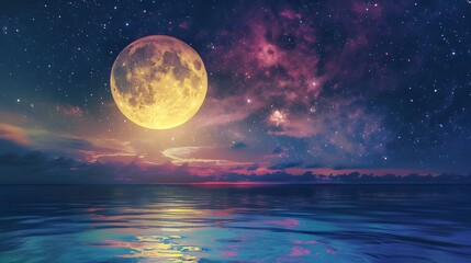 A full moon glows brightly in the night sky above a calm ocean, reflecting its light on the water.  A starry sky and clouds add to the enchanting atmosphere.