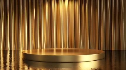 A golden podium illuminated by spotlights against a backdrop of shimmering gold curtains.