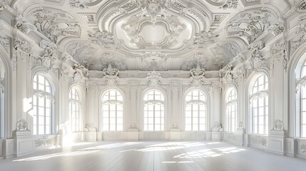 Fototapeta premium A grand, white ballroom with ornate ceiling details and large windows. The room is bathed in natural light, creating a bright and airy atmosphere.