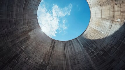 Cooling tower interior, blue sky visible through circular opening.
