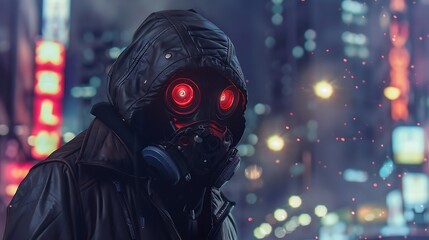 Naklejka premium A hooded figure with glowing red eyes stands in a futuristic city, a sense of mystery and danger in the air.