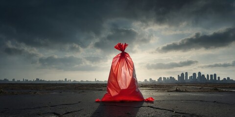 A stark red garbage bag stands out against a desolate landscape with a dramatic sky, symbolizing pollution and environmental issues