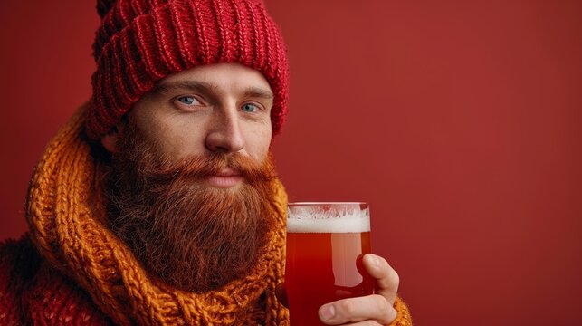A brutal man with a beard smiles, holding a glass of red drink on a red background, providing an excellent template for advertising or design.