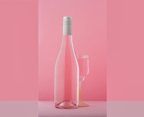 Bottle and glass of rose wine on a cool pink background.