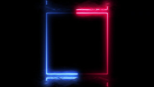 Bright, glowing, neon square frame. Template for video conversation, photos or advertising. Seamless looping animation with free space in the middle.