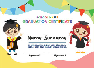 Kids Diploma background template, certificate of appreciation. Certificate of achievement in competition. Children in school, playschool, kindergarten, primary grade, summer camp. Colorful certificate