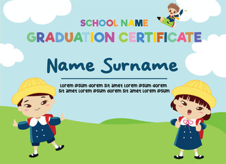 Kids Diploma background template, certificate of appreciation. Certificate of achievement in competition. Children in school, playschool, kindergarten, primary grade, summer camp. Colorful certificate