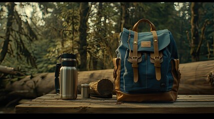 a backpack with a log and firewood in the background, accompanied by a steel bottle and a tea mug, perfect for a summer camp hiking trip.