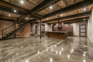 Spacious and stylish industrial kitchen with shiny concrete floors, exposed wooden beams, and brick walls