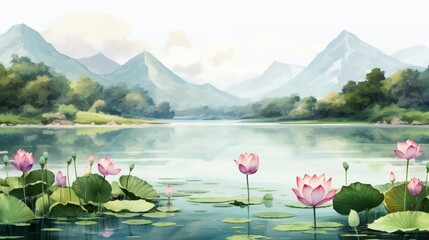 Serene mountain lake with vibrant lotus flowers in full bloom, creating a picturesque panorama