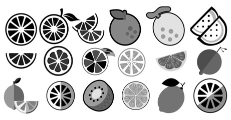 Black silhouette Lemon. Hand Drawn lime, orange, lemon in black and white colors.