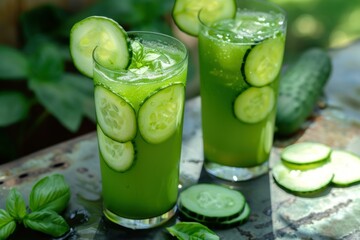 Two glasses of homemade cucumber basil juice garnished with fresh slices on a rustic outdoor table