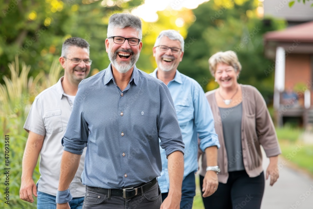 Sticker Group of senior friends walking together in the garden. Senior people having fun outdoors.