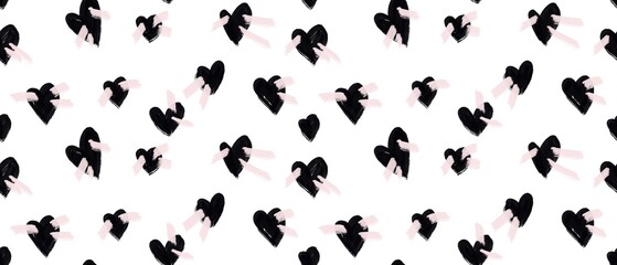 Seamless abstract geometric pattern. Simple background in black, pink and white colors. Hearts. Digital texture. Illustration. Design for textile fabrics, wrapping paper, background, wallpaper, cover.