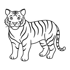 Tiger Vector Illustration Line Art - Tiger  Line Art Silhouette, Animal Coloring Book Page For Kids. Tiger Black And White Vector Illustration Line Art For Kids Coloring Book.
