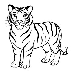 Tiger Vector Illustration Line Art - Tiger  Line Art Silhouette, Animal Coloring Book Page For Kids. Tiger Black And White Vector Illustration Line Art For Kids Coloring Book.
