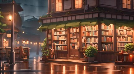 cozy bookstore at night when it rain