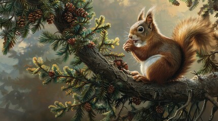 Obraz premium A red squirrel consumes nuts while perched on a yew tree